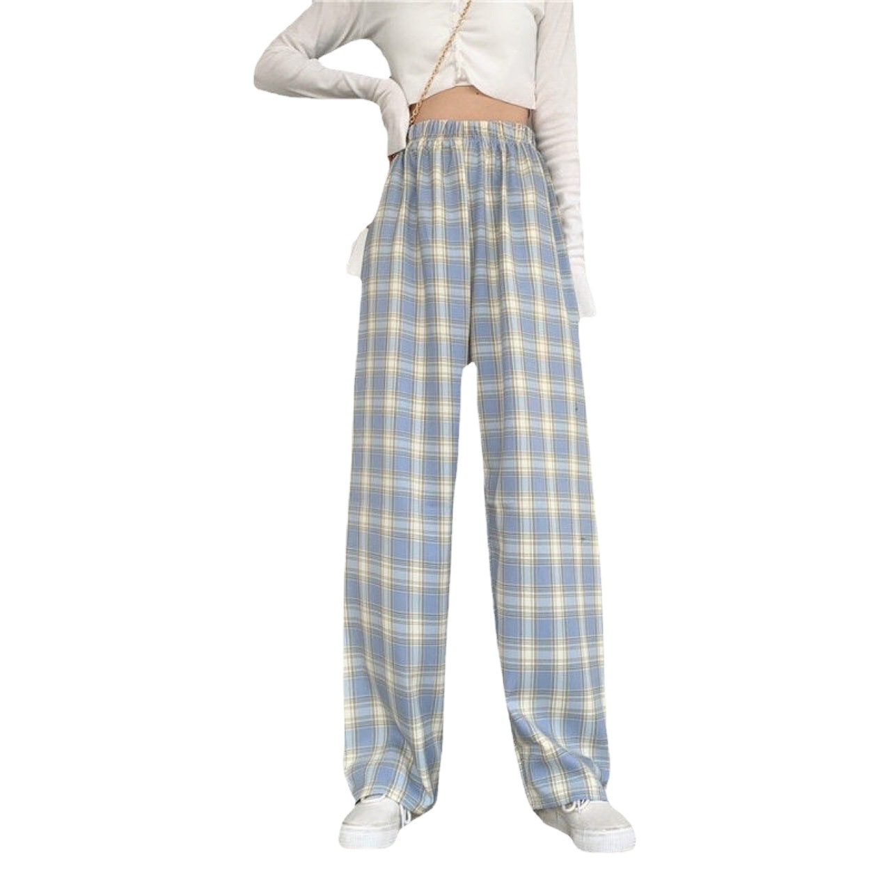 High-Waisted Slim Straight Plaid Pants for Women, Spring & Fall Warm Casual Pants, Drapey Trousers for Outer Wear, Loose Velvet Wide-Leg Pants