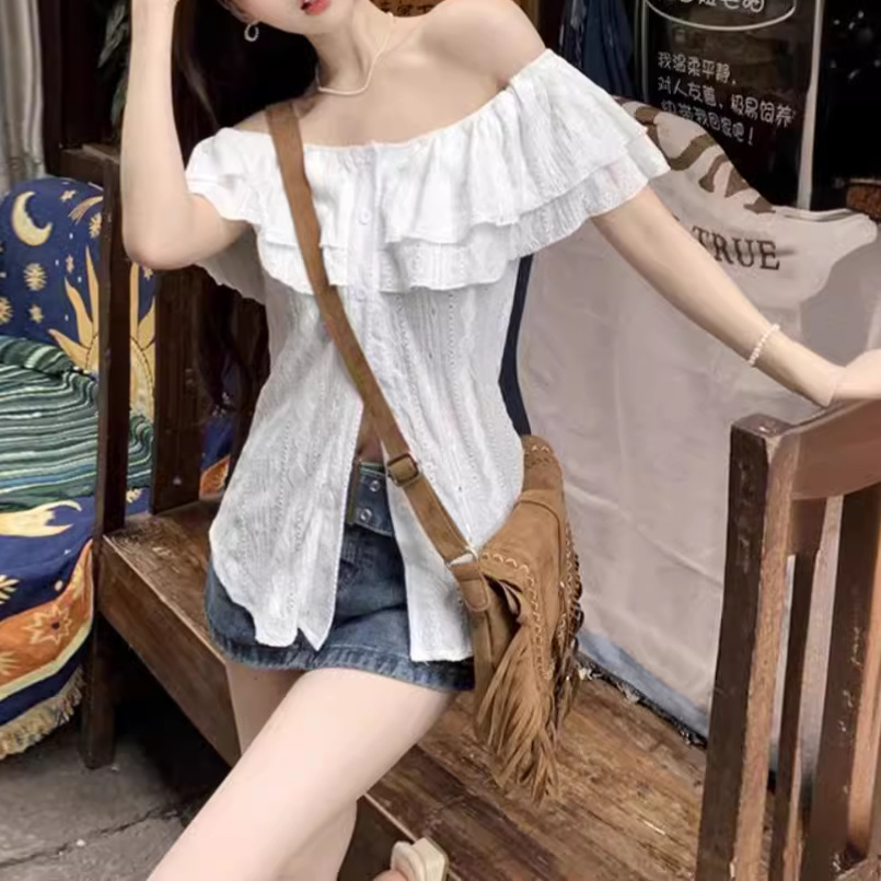 Large size off shoulder short sleeve shirt women's 2024 new summer fat MM waist slim sweet hot style top design
