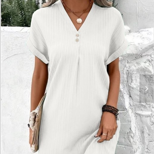 Picture of Cross-border European and American Women's 2023 New Amazon V-neck Solid Color Pullover Comfortable Casual Button Dress