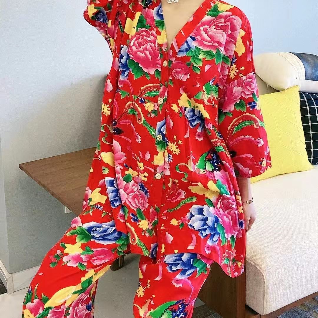 Cross-Border Spring and Autumn Pajamas for Women, Imitation Cotton, Three-Quarter Sleeves, Nine-Quarter Pants, Thin Style, Lazy Trendy Clothing, Can Be Worn Outside, Loose Fit, Home Wear