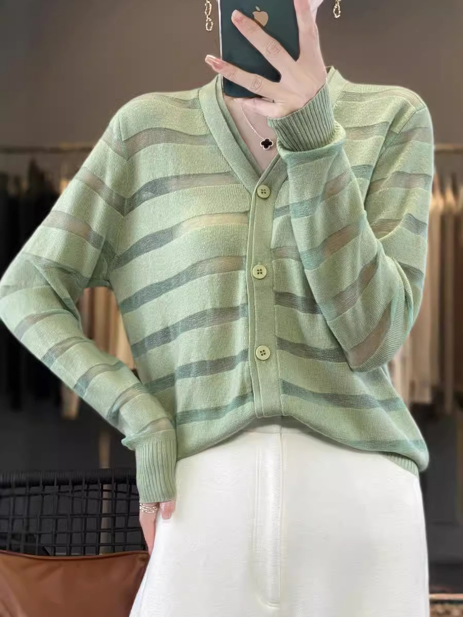 2024 Early Autumn V-neck Hollow Knitted Cardigan Women's Stitching Organza Thin Sweater Jacket Loose All-match Top