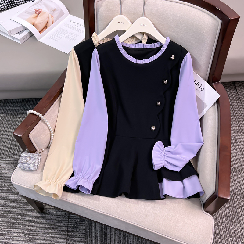 Plus Size Women's Clothing for Chubby Women 2025 Early Autumn New Stylish Ruffled Round Neck Color-Blocking Slimming Long-Sleeve Shirt