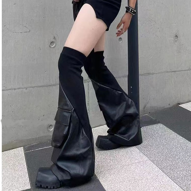 Dark hot girl pu leg cover JK horn mid-length socks leather leg cover black stitching three-dimensional pocket thread pile socks