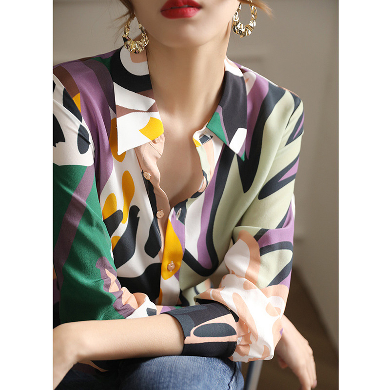 2023 Spring Silk Shirt Women's Long-sleeved Design Sense Niche Retro Contrast Color Printing Anti-Mulberry Silk Shirt Fashion