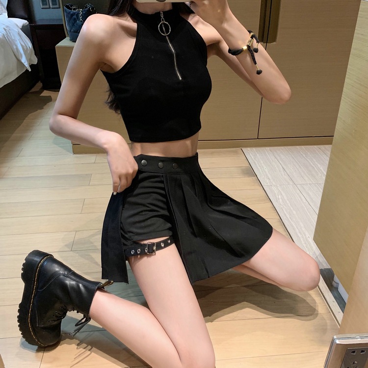 Summer New High Waist Black Sexy Leg Ring Skirt Pleated Skirt Short Skirt Dark Style Skirt Children's Cool Tide World-weary