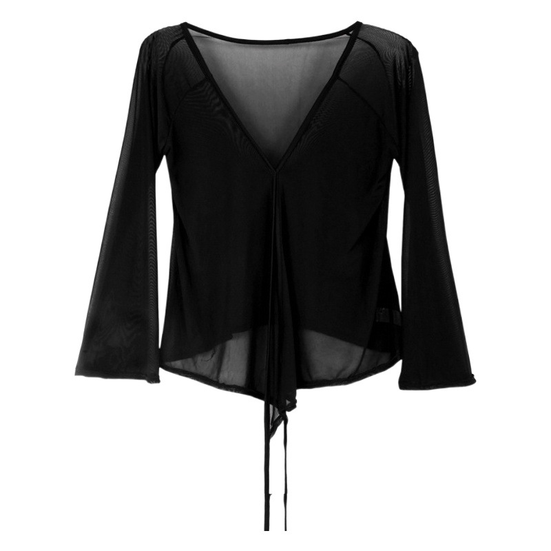 Dance Practice Clothes for Women, Classical Ethnic Jazz Body Yoga Tops, Lace-Up Trumpet Sleeves, Mesh Blouses, Summer Slim Fit