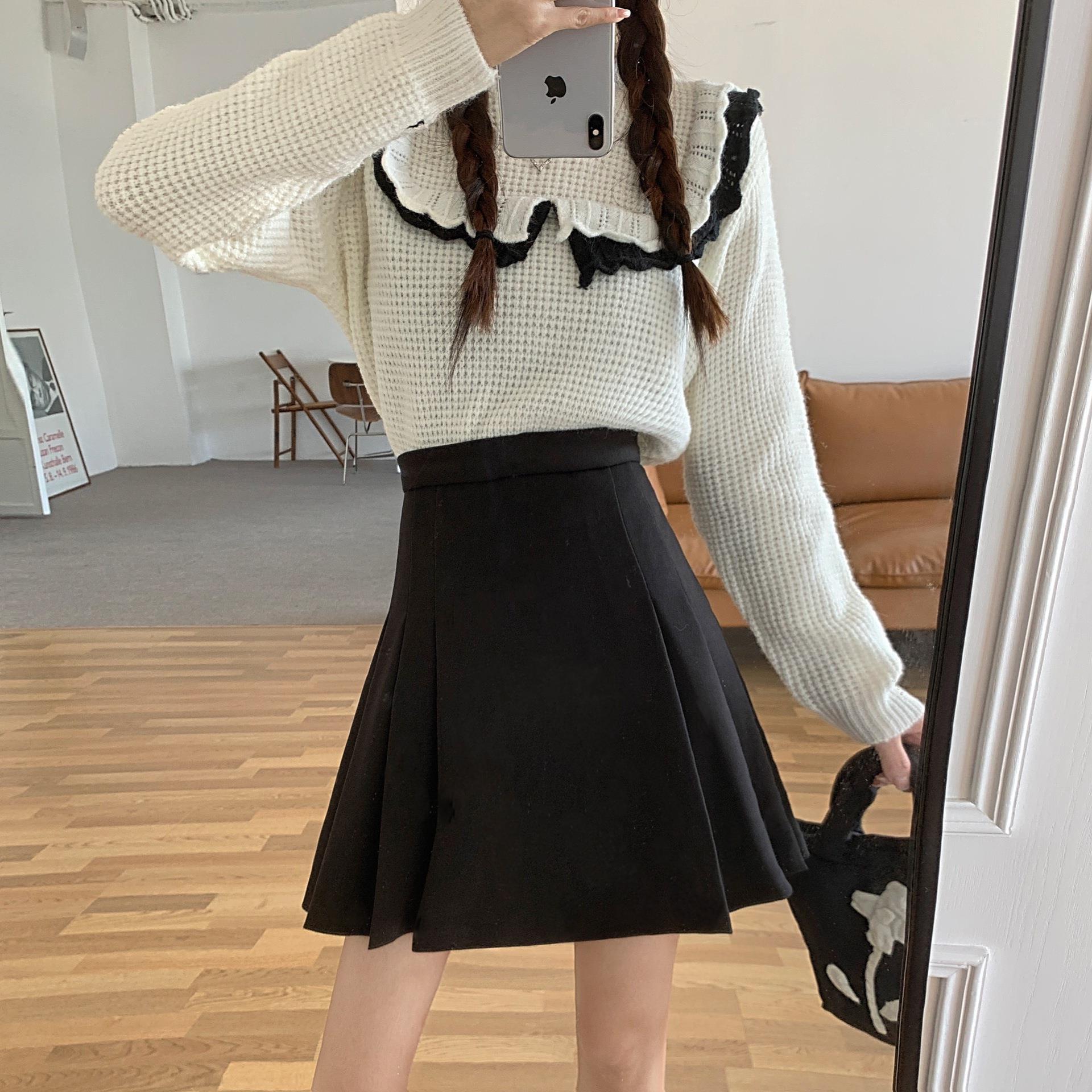 Autumn Small High Waist Skirt Skirt Women's plus size Black A- line Pleated Skirt Shown Short Skirt