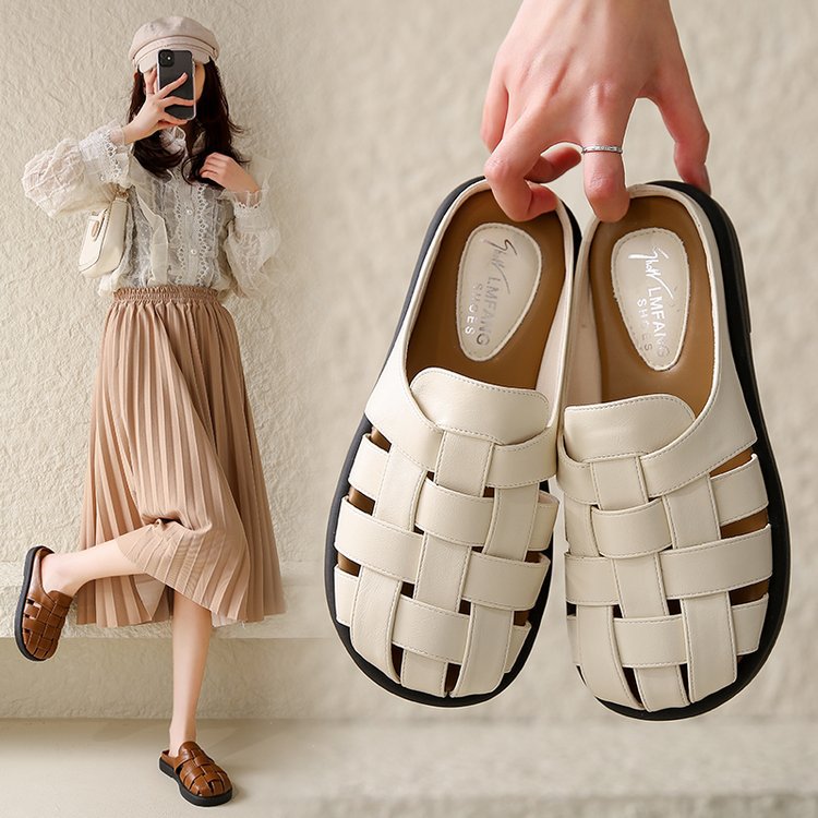Roman Woven Baotou Half Slippers Women's Summer Outer Wear 2024 New Style Lazy Slip-on Fashionable Flat Sandals and Slippers