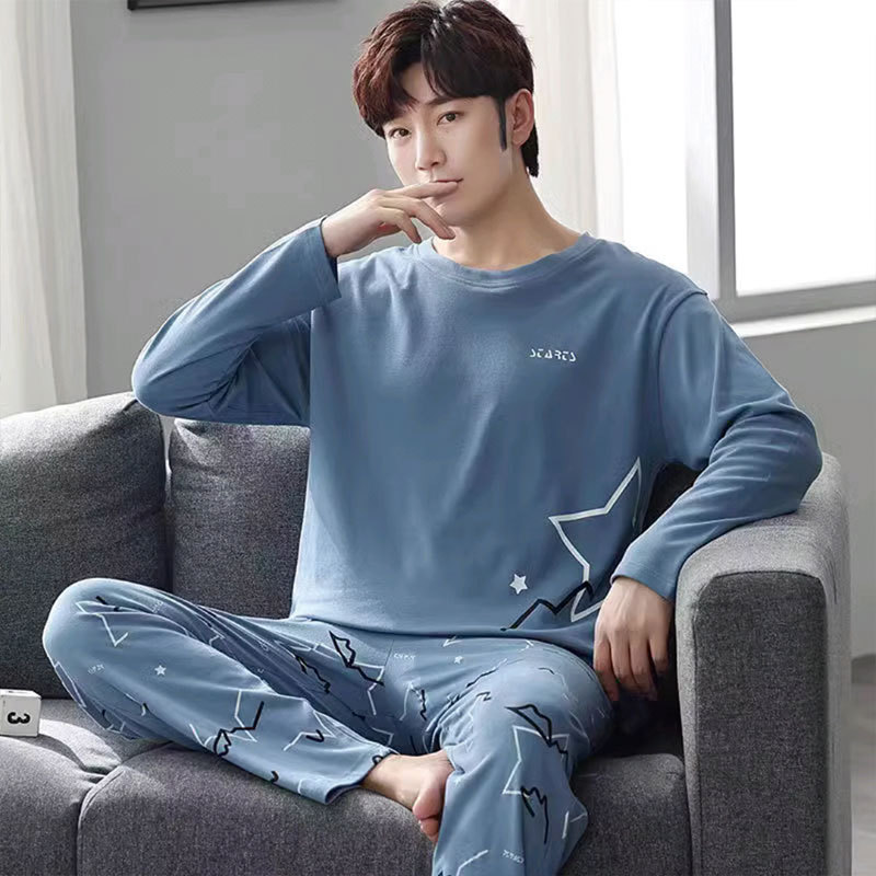 Artificial cotton 180g spring and autumn men's pajamas long sleeve round neck plus size simple cartoon home wear suit can be worn outside