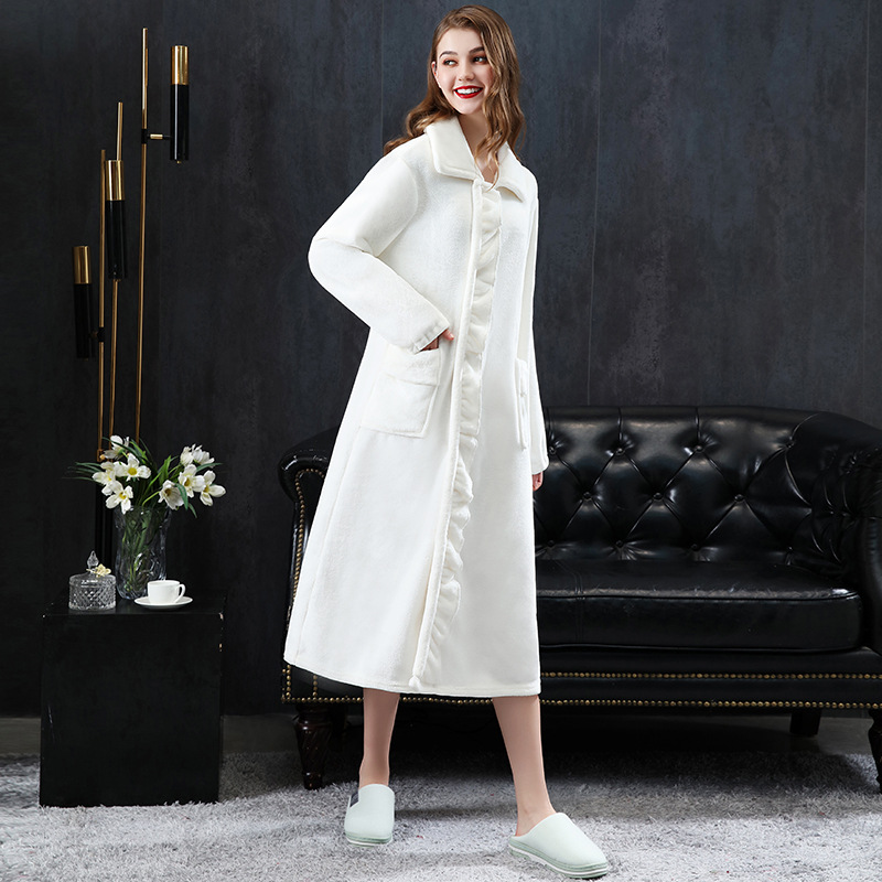 Picture of Women's nightgown fleece-lined thickened long-sleeved sweet small lapel nightdress autumn and winter flannel pajamas home wear