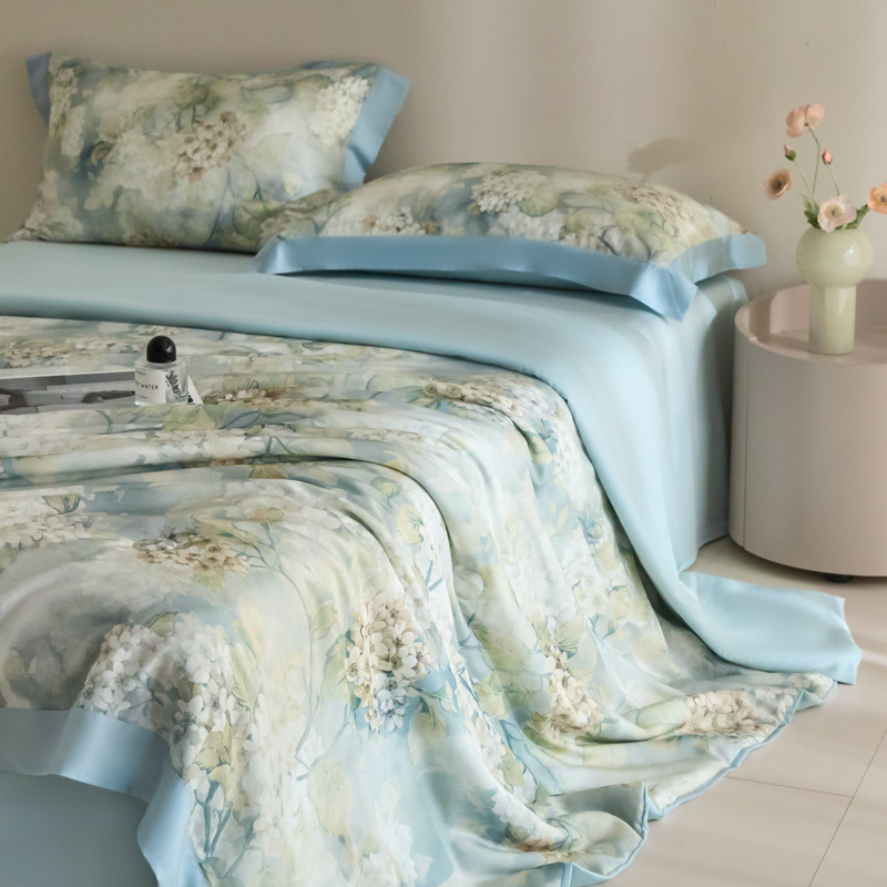 Picture of Super Cool Lenzing Tencel Summer Cool Quilt Four-Piece Set A-Type Pink Floral Ice Silk Air-Conditioned Quilt Thin Quilt Machine Washable 4