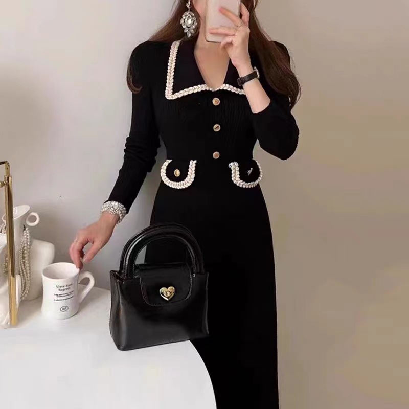 Women's Korean-style Chic Style Polo Collar Contrast Knit dress
