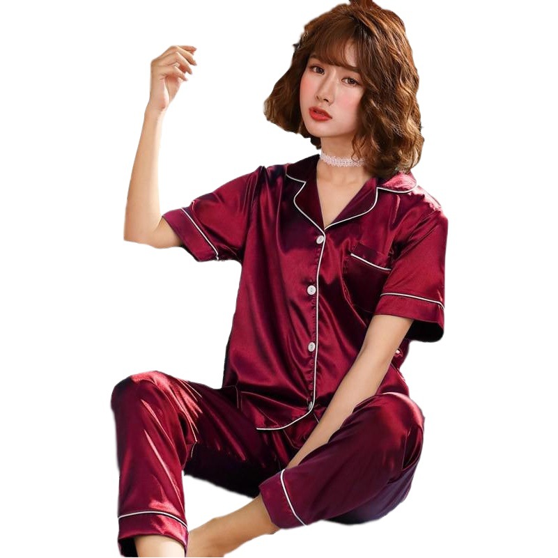 Cross-Border Pajamas for Women Spring and Summer Imitation Silk Short-Sleeved Trousers Suit Casual Cardigan Lapel Home Clothes Wholesale Comfortable