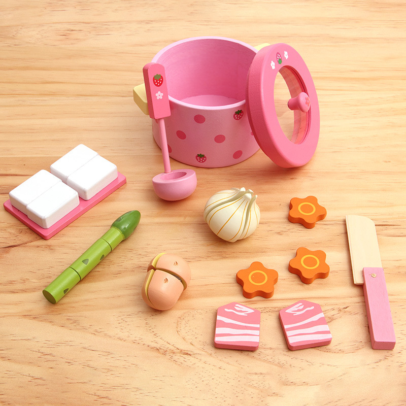 Picture of Wooden Pretend Play Vegetable Hot Pot with Cutting Board and Kitchen Utensils Set for Children