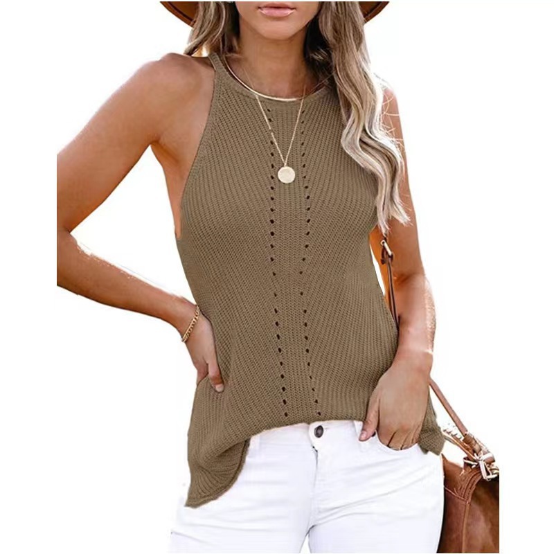 Picture of 2023 Shiying European and American Women's Spring and Summer Sleeveless Beach Clothes Solid Color Neck-Hanging Knitted Loose Neck Vest