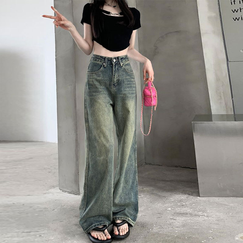 Vintage Blue High Waist Straight Jeans Women's Summer Washed Old Loose Slimming Casual Wide Leg Trendy Trendy Trousers