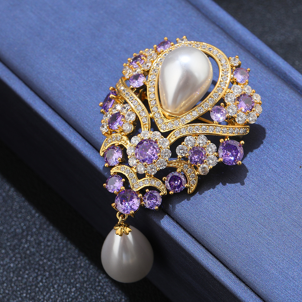 Picture of Purple Luxury High-End Diamond-Encrusted Zircon Large Pearl Brooch Anti-Exposure Suit Dress Accessories with Elegant and Fashion
