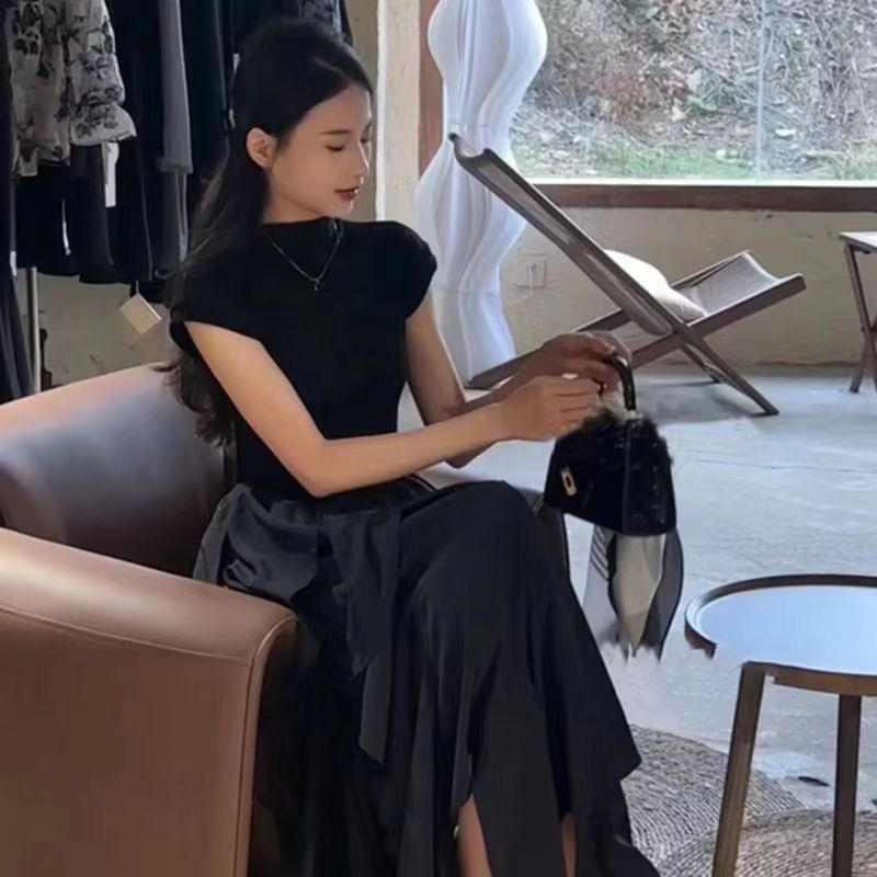 French Hepburn Style New Style Long Dress Women's Summer Tight Waist Slimming Design Sense Irregular Skirt Black dress Women