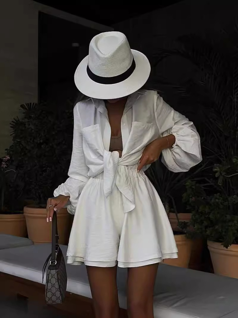 Picture of 2024 Summer European and American Women's Clothing Amazon Cross-border Long-sleeved Top Ruffled Shorts Casual Fashion Suit Women