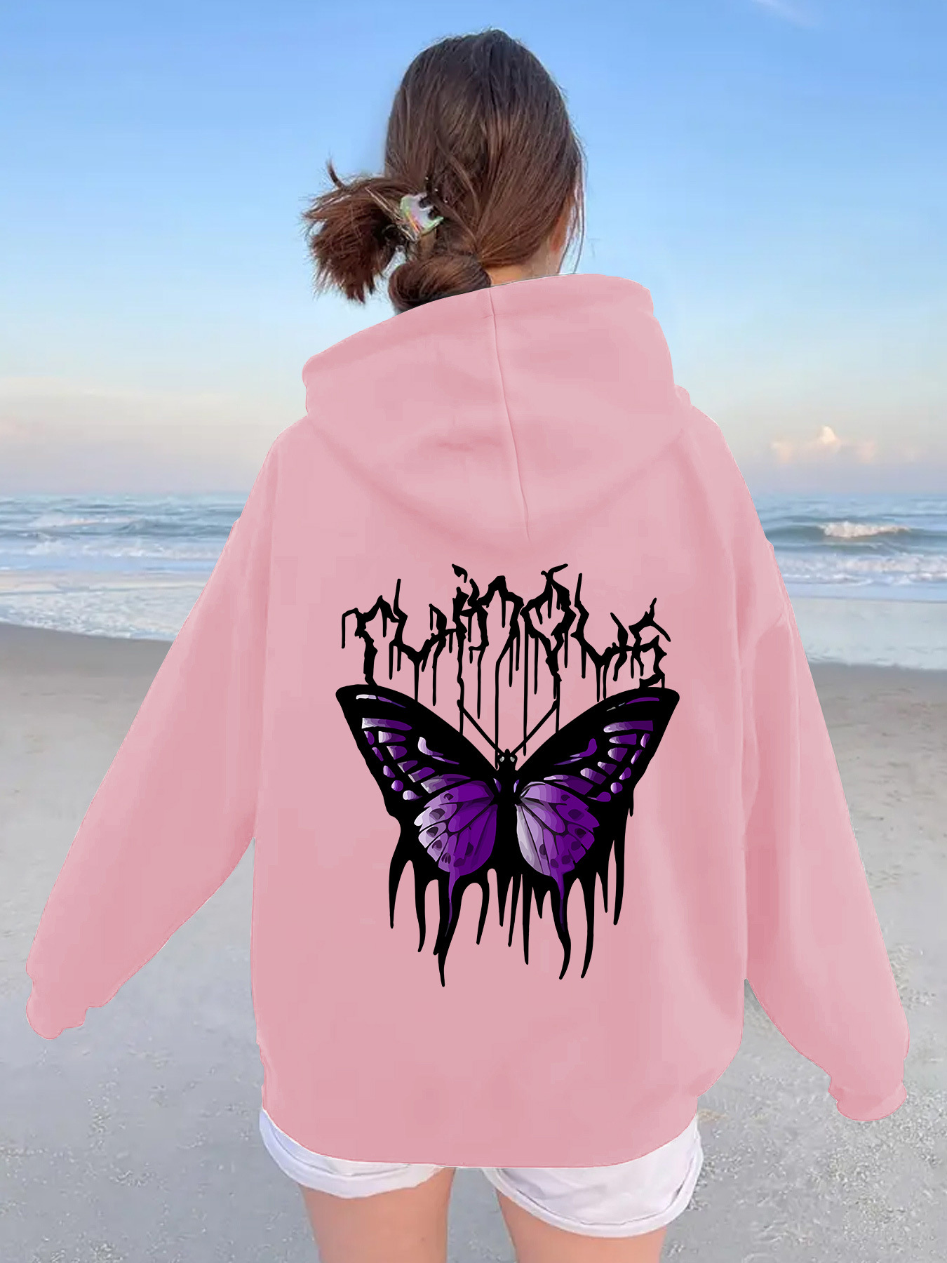Cross-border European Size Autumn and Winter European and American Women's Kangaroo Pocket Hooded Long-sleeved fleece-lined Sweatshirt Top Butterfly Print