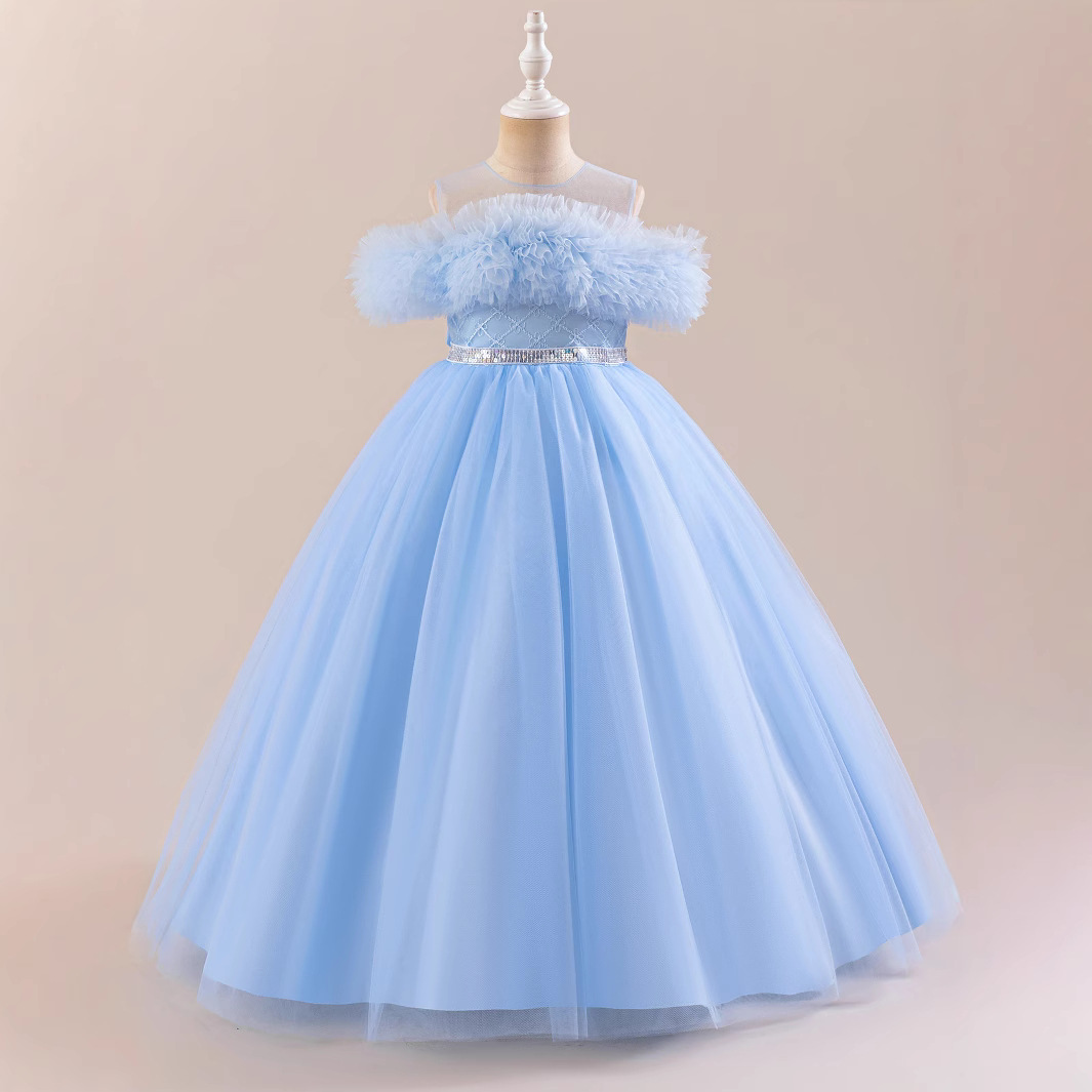 Cross-border Princess Dress Girls' Piano Show Host Dress Tutu Dress Children's Solid Color Shoulder Sequin dress
