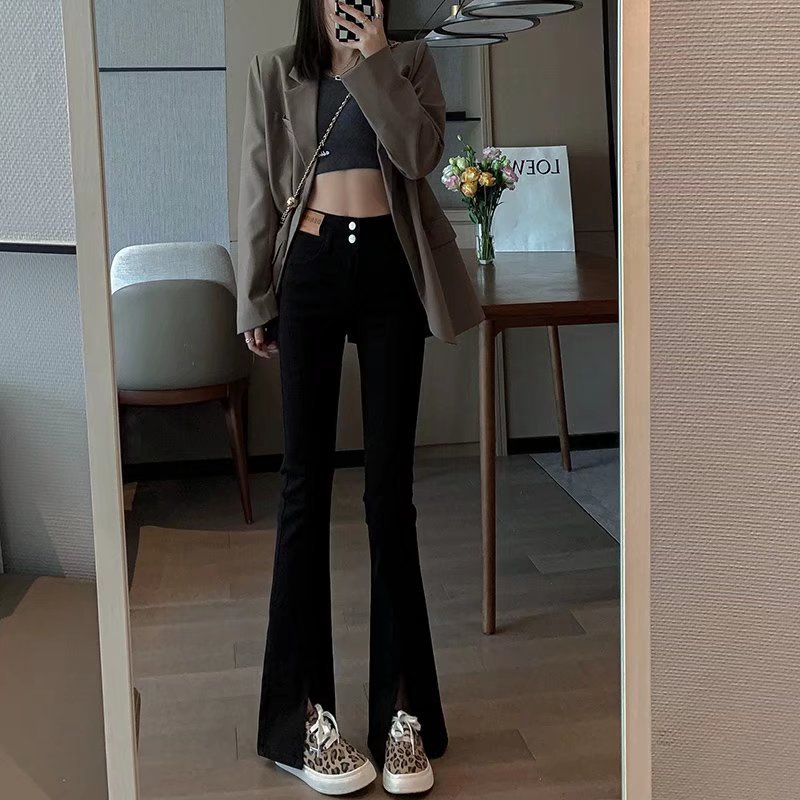 Black Autumn and Winter 2023 Women's New Design Sense High Waist Micro Horn Split Slimming Wide Leg Denim Trendy Pants