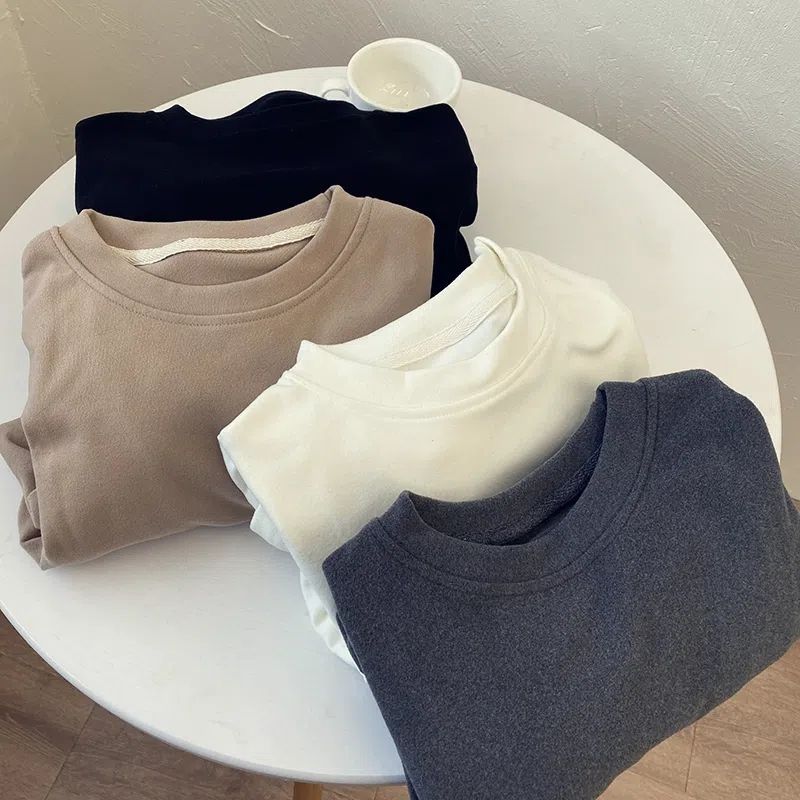 Velvet Double-sided Sanding Crewneck Simple Long-sleeved T-shirt Women's Autumn and Winter Basic Loose Slimming All-match Base Top