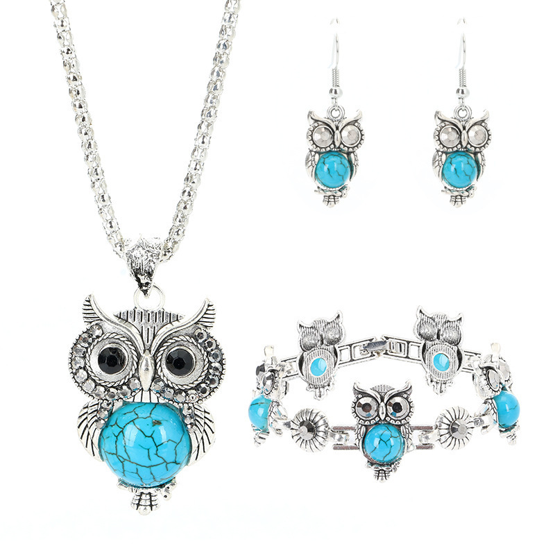 European and American Retro Jewelry Set Turquoise Inlaid Owl Pendant Earrings Necklace Bracelet Women's Popular Jewelry