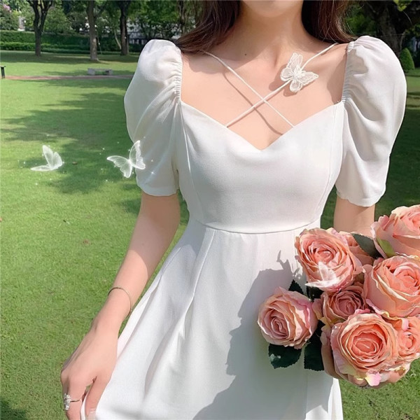 French First Love White Skirt Fairy Super Fairy Forest Style Slimming Waisted Square Collar Long Skirt Gentle Temperament dress Summer