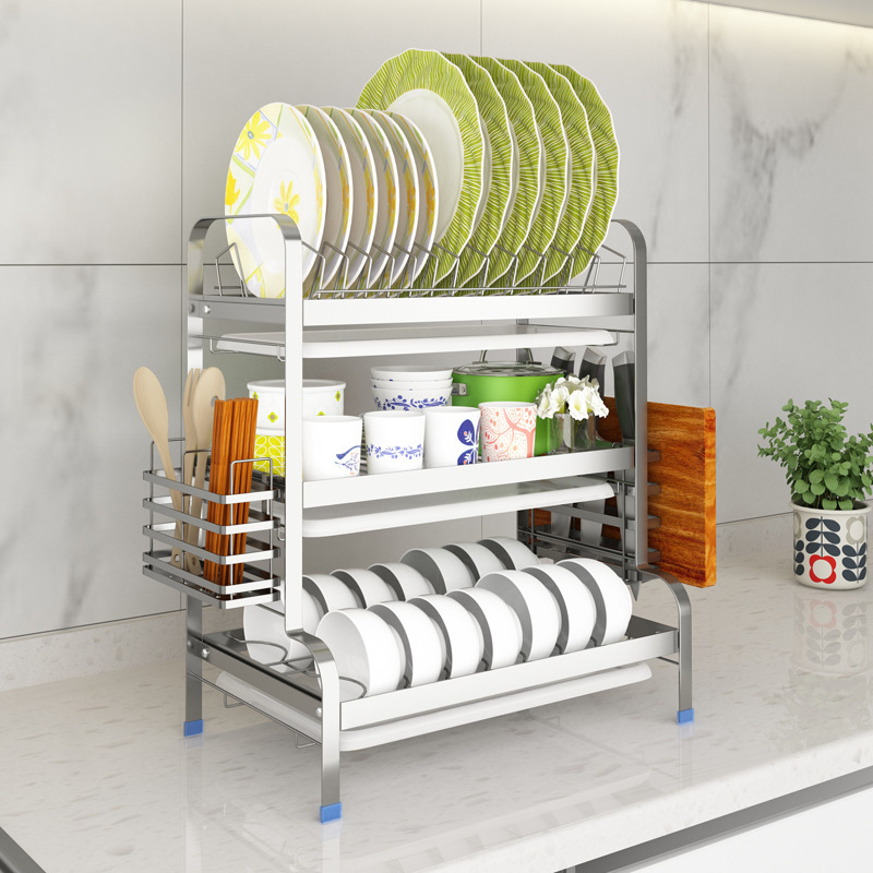 Picture of 201 Stainless Steel Kitchen Dish Rack Drain Rack Tableware Storage Rack Household Multi-Functional Countertop Cupboard Rack