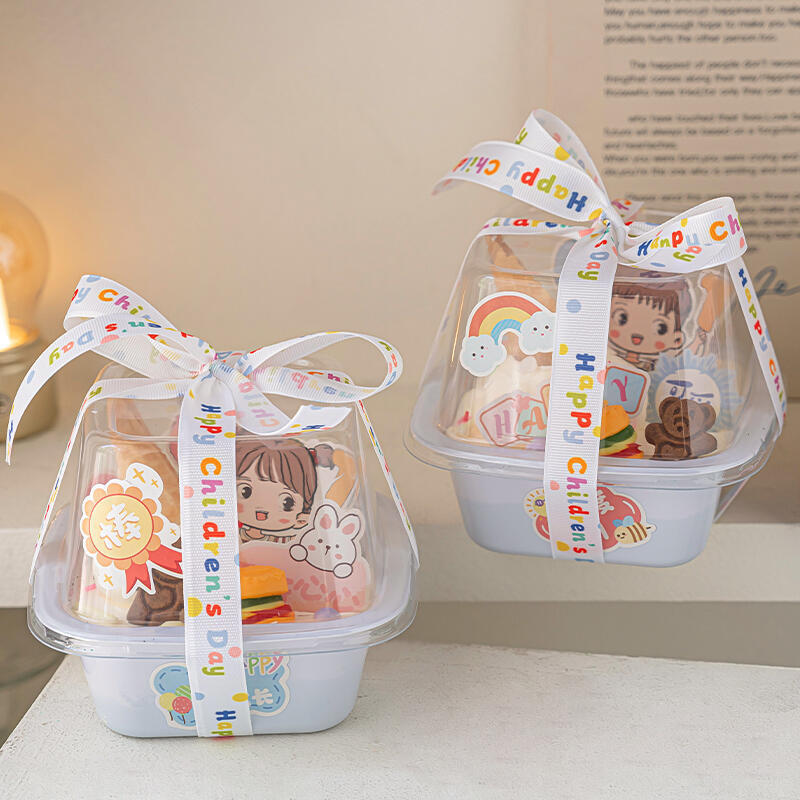 New Children's Day 4inch Transparent Bento Box Cake Decoration 61 Holiday Ribbon Decorated Baked Dessert Box