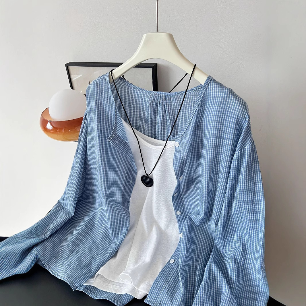 Picture of Korean Style Lazy Style Blue Plaid Long-Sleeved Sun Protection Shirt for Women Summer New Loose Shirt Casual Thin Top
