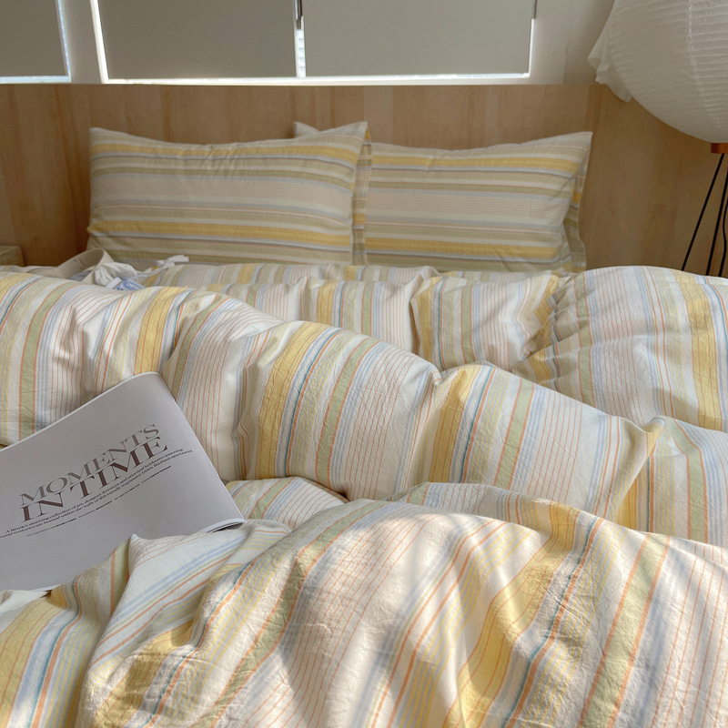 Blogger Wind Yarn-dyed Wash Cotton Four-piece Set Cotton Pure Cotton Bed Sheet Quilt Cover Student Dormitory Single Bed Three-piece Set 4