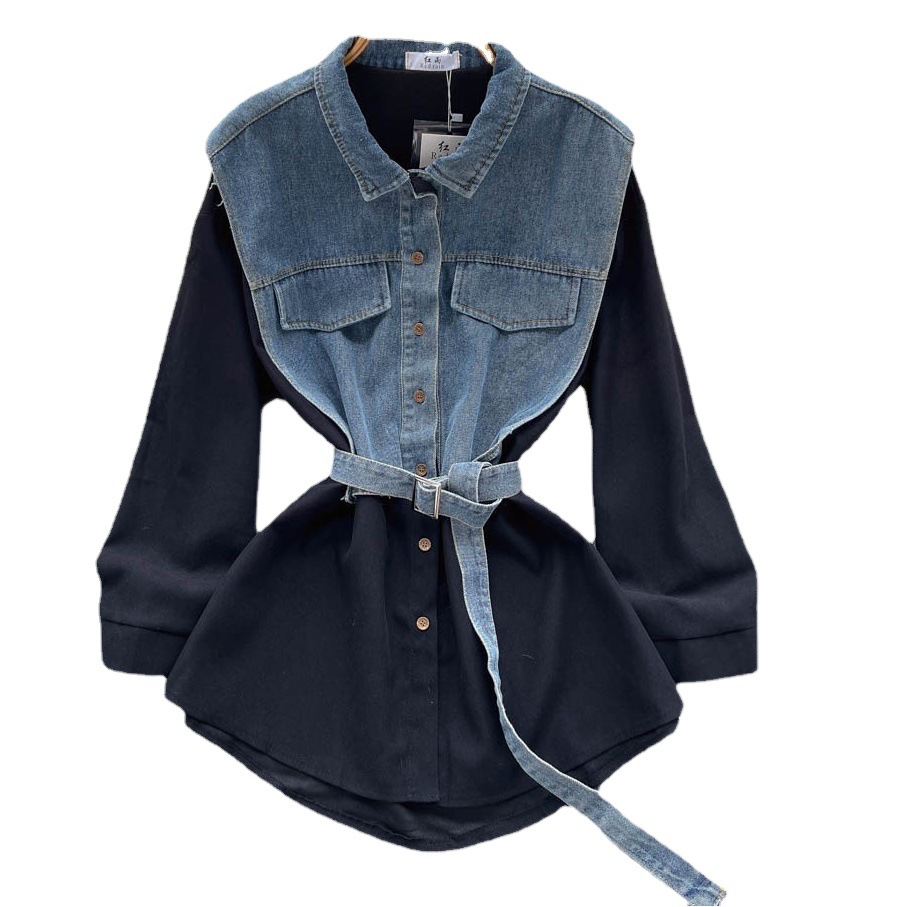 Cross-border French waist long-sleeved Shirt summer women's high-end sense cold style denim stitching Shirt skirt