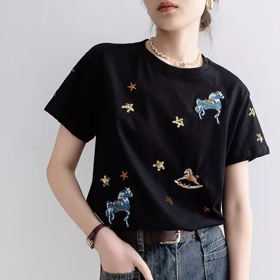 Cotton Short-sleeved T-shirt Women's New Summer Black Loose Cartoon Crewneck Design Sense Base Shirt Embroidered Top