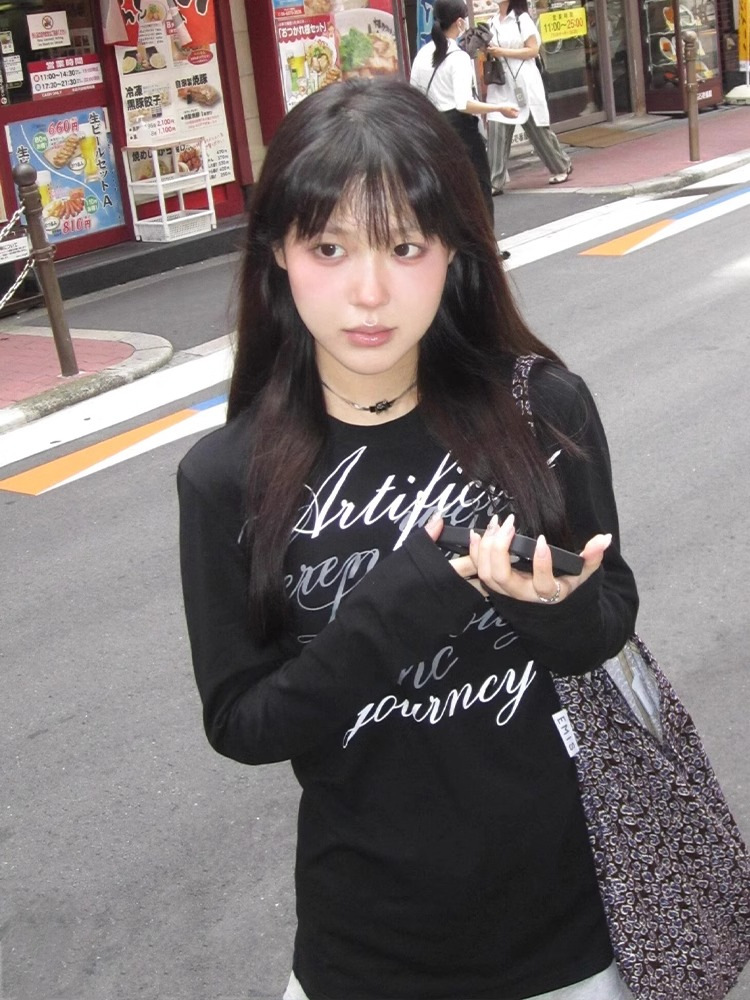 Picture of Spring and Autumn New Shoulder Crewneck Long-sleeved T-shirt Letter Printed Slim-fit Slimming Spice Girl Bottoming Top