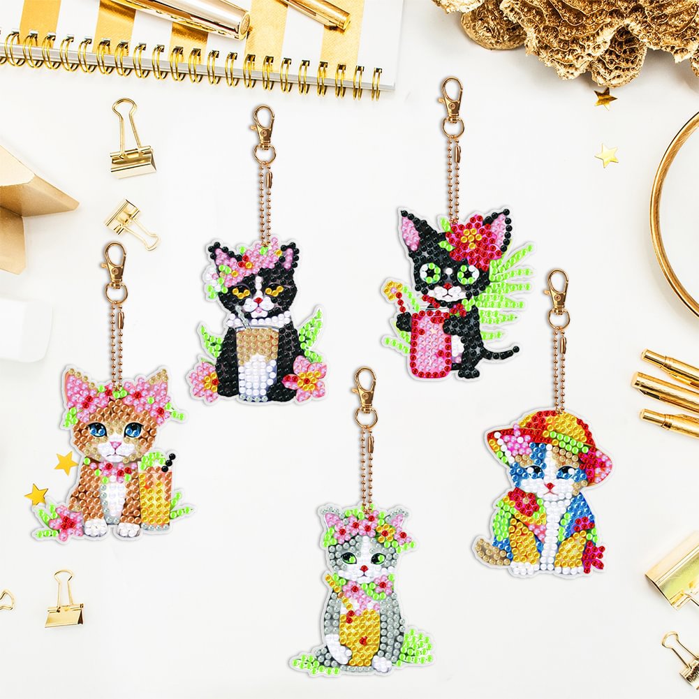 diy creative Diamond-sticking stone painting keychain acrylic cat combination children's diamond-sticking double-sided diamond-sticking bag pendant