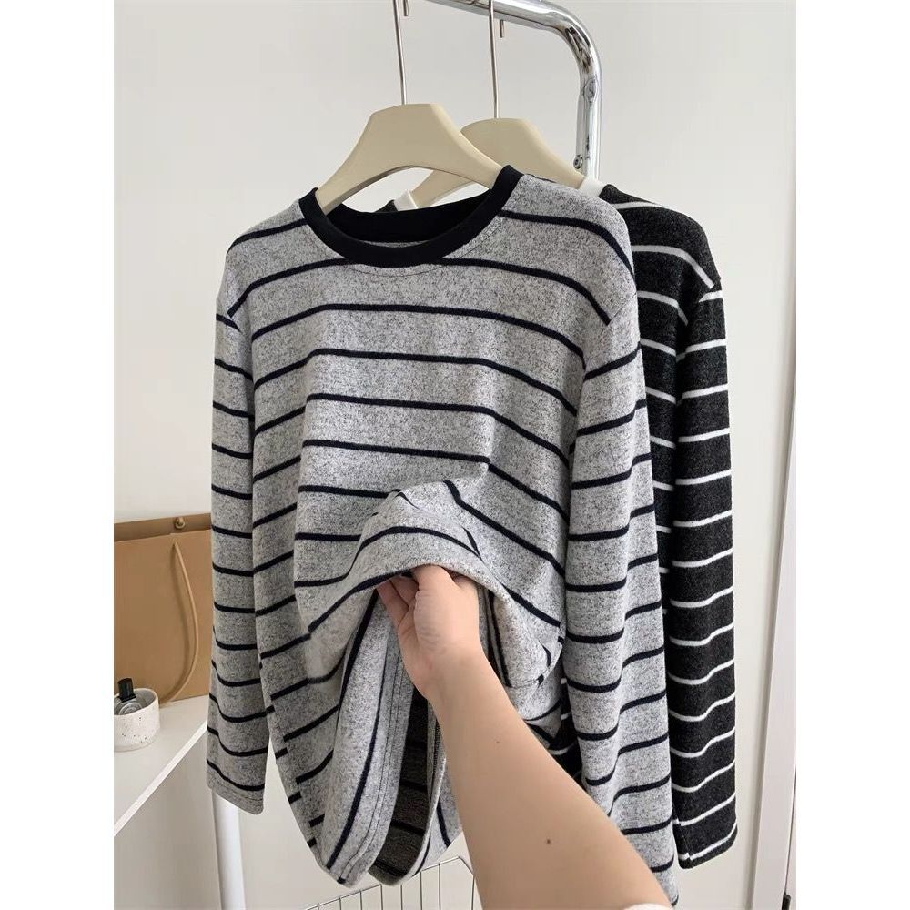 Korean-style Loose Soft Sanding Striped Casual Long-sleeve All-match T-shirt Autumn and Winter Loose Round Neck Bottoming Lazy Top