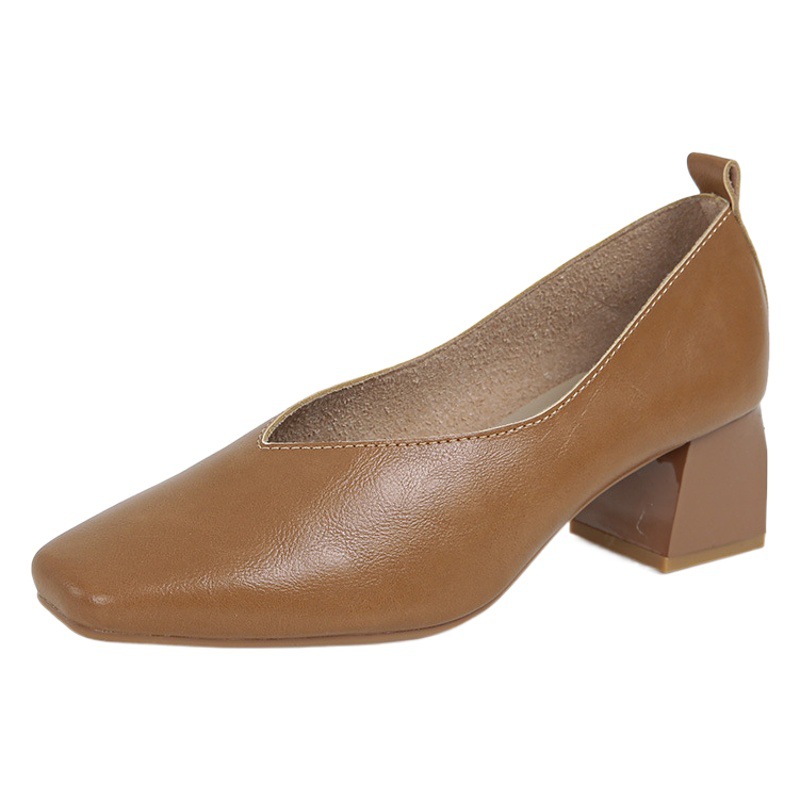 Evening style lady single-layer shoes women's shoes 2023 new popular retro commuter soft leather square toe mid-high heel grandma shoes