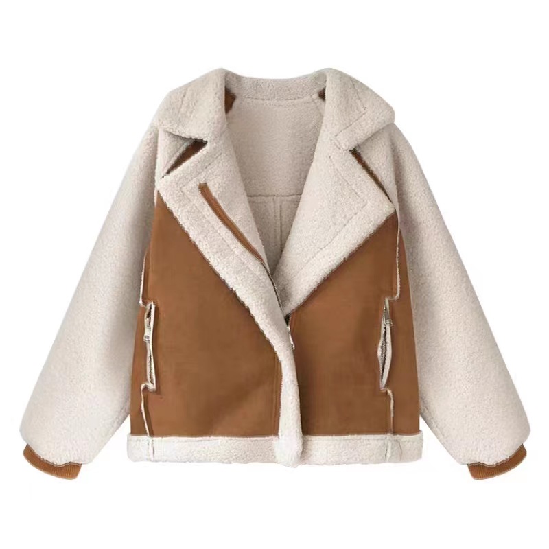 Picture of Foreign Trade Winter Clothing New Chic Loose Fur One-Piece Deerskin Velvet Jacket Women's Short Lamb Velvet Motorcycle Jacket