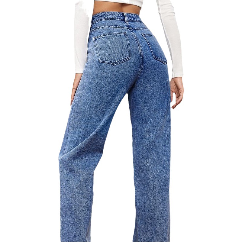 2025 European and American Amazon Popular Stretch Washed Denim Fashion Straight Pants Long High Waist Jeans Pants for Women