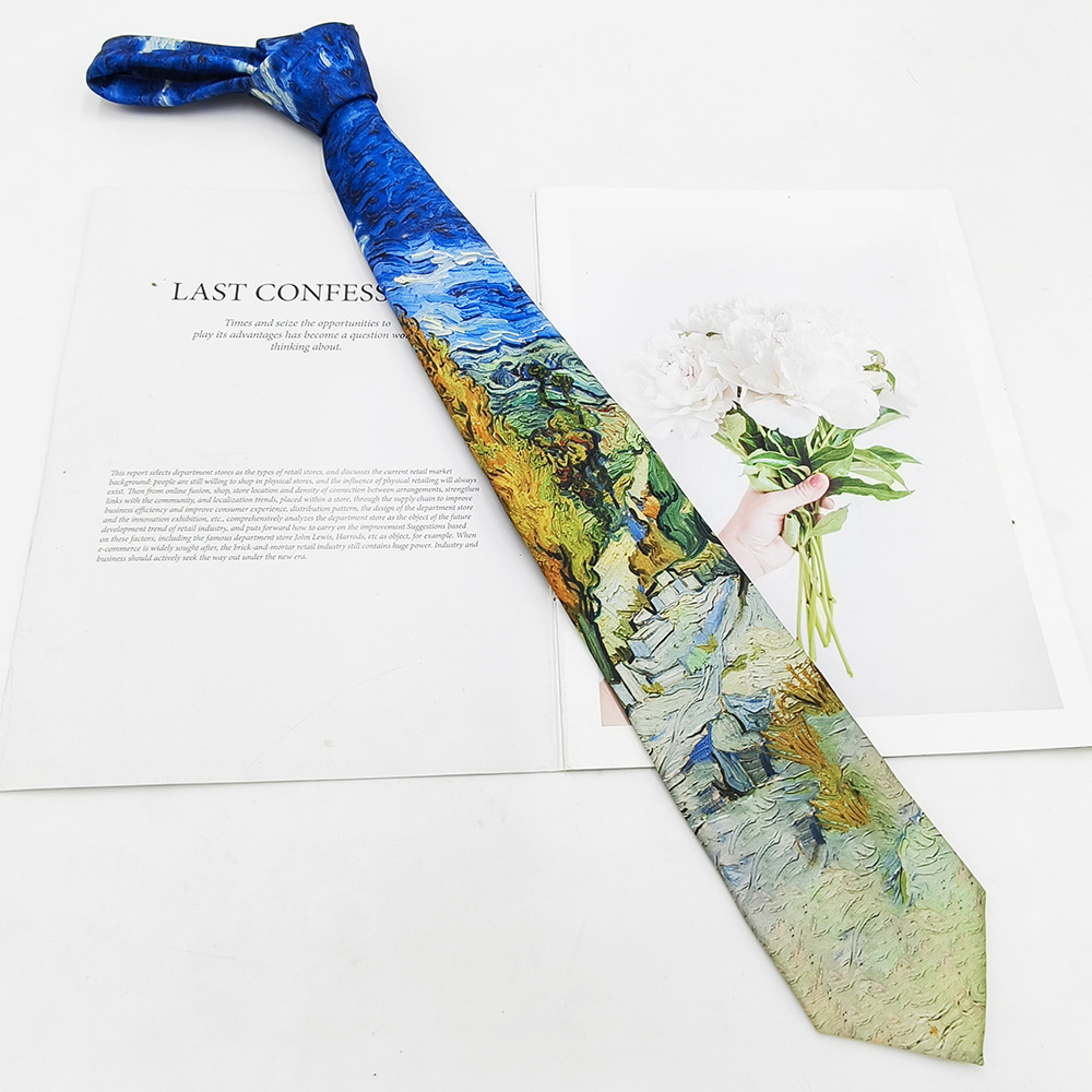 Picture of Van Gogh Oil Painting Men's Polyester Printed Vintage Tie Factory in stock Fashion Casual Tie Hand Tie 8cm
