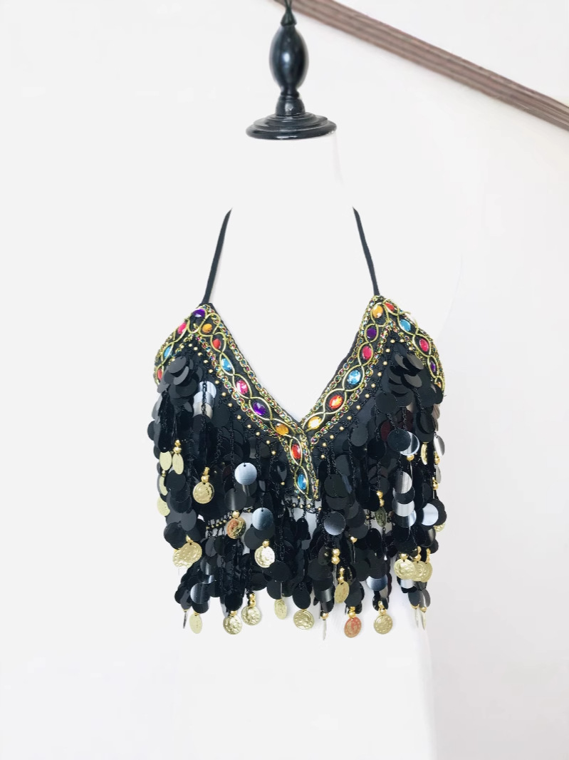European and American Sequin Bra Colorful Wrapped Chest Belly Dance Suit Lace-up Tassel Top Hanging Coin Stage Performance Dance Clothes Multicolor