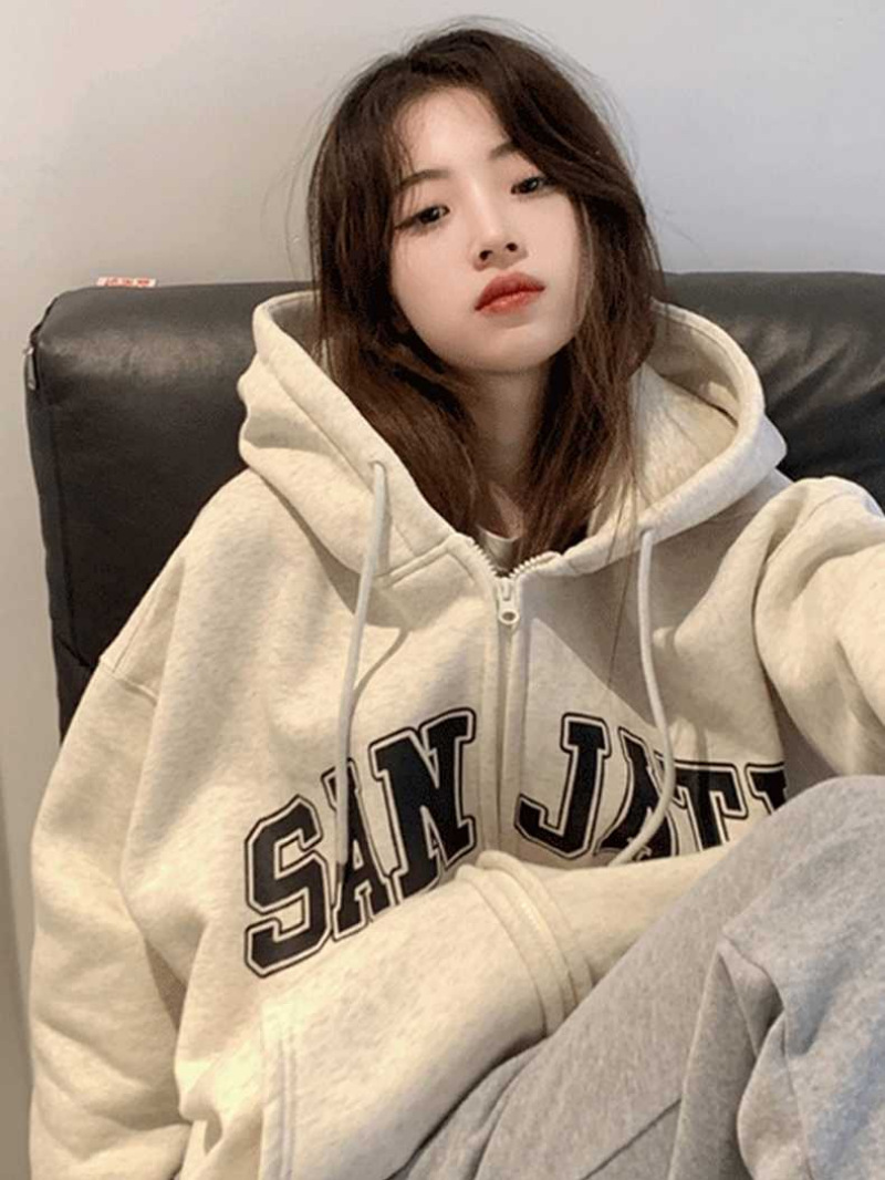 American Style Zipper Cardigan Hooded Sweater Women's Autumn and Winter New fleece-lined Thickened Loose Lazy Style Couple's Jacket