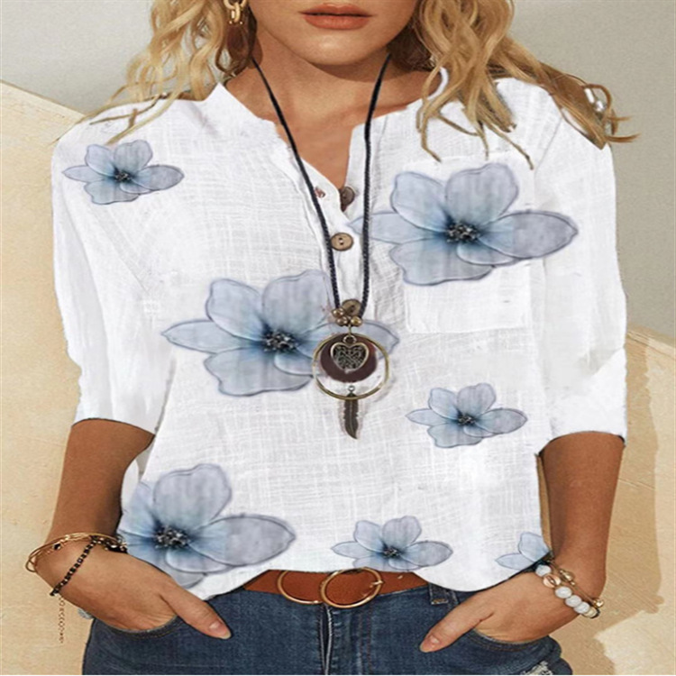 Picture of 2021 Amazon New Fashion Women's Elegant Quarter Sleeve Printed V Neck Loose Plus Size Top Shirt