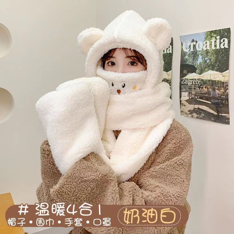 Picture of Autumn and Winter New fleece-lined Furry Lei Feng Hat Women's Bib Hat One-piece Cap Thickened Bear Ear Cap