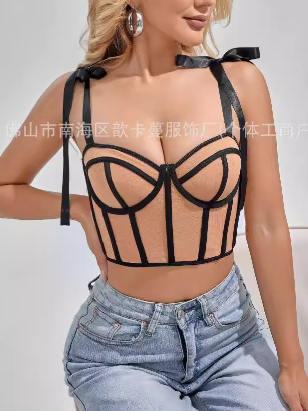 Cross-border Explosions Spring and Summer Beautiful Style Design Sexy Spice Ribbon Strap Fish Bone Camisole Vest