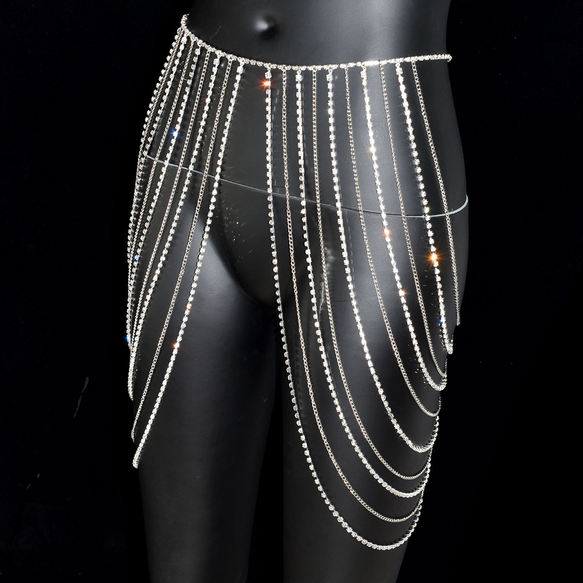 Picture of Sexy shiny tassel rhinestone metal chain waist chain skirt belly dance body chain performance accessories body chain