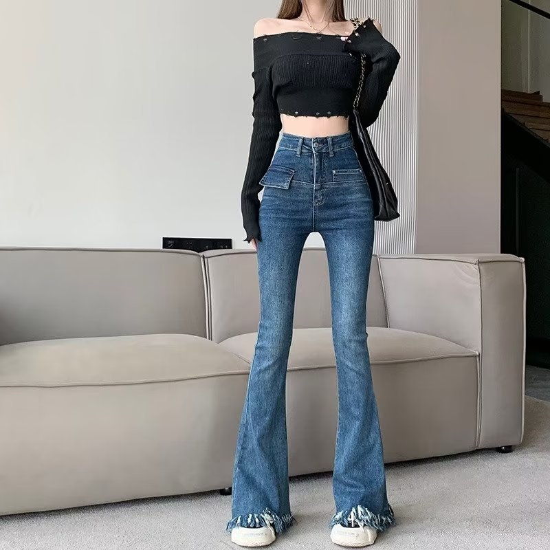 Flared Jeans for Women Summer 2024 New High-Waisted Slimming Stretchy Bootcut Pants with Raw Edges for Petite Figures