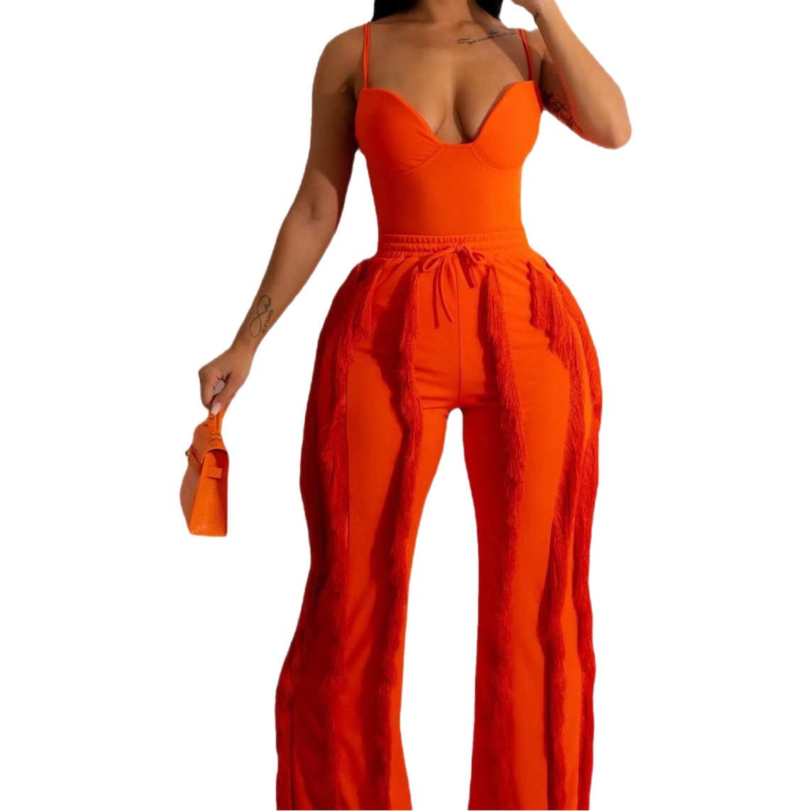 31275 new European and American women's foreign trade women's clothing Amazon AliExpress best selling solid color tassel two-piece suit